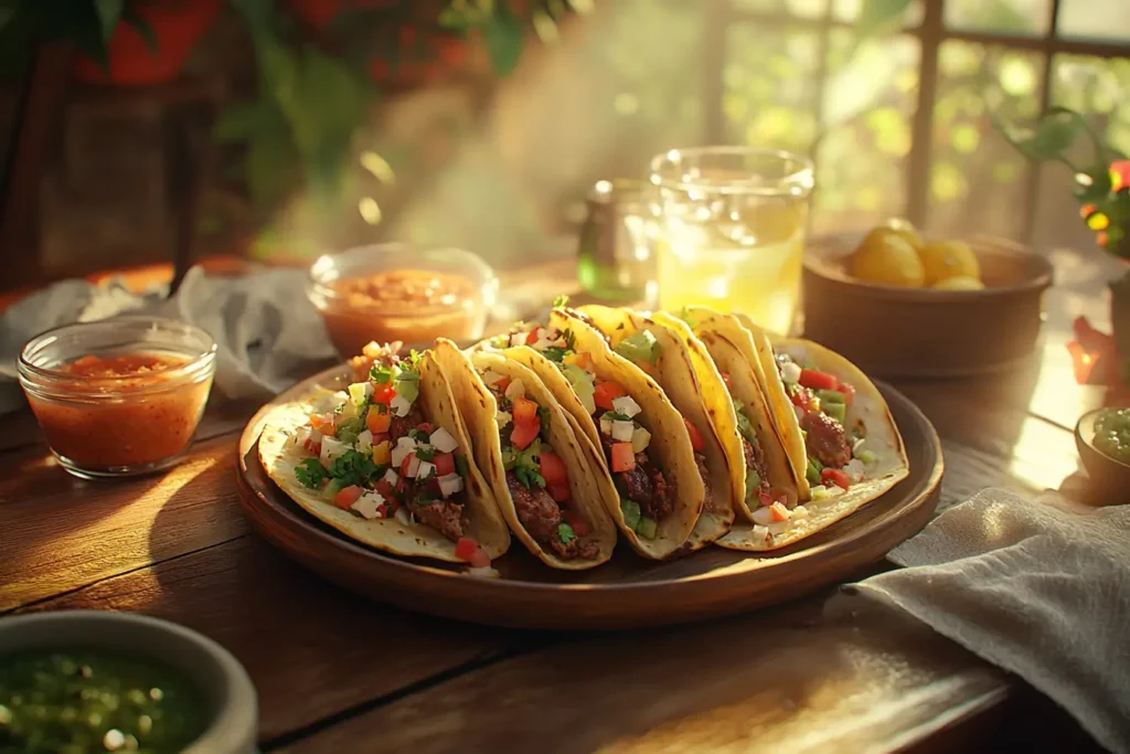 Tacos de lengua served on a family table with drinks and toppings