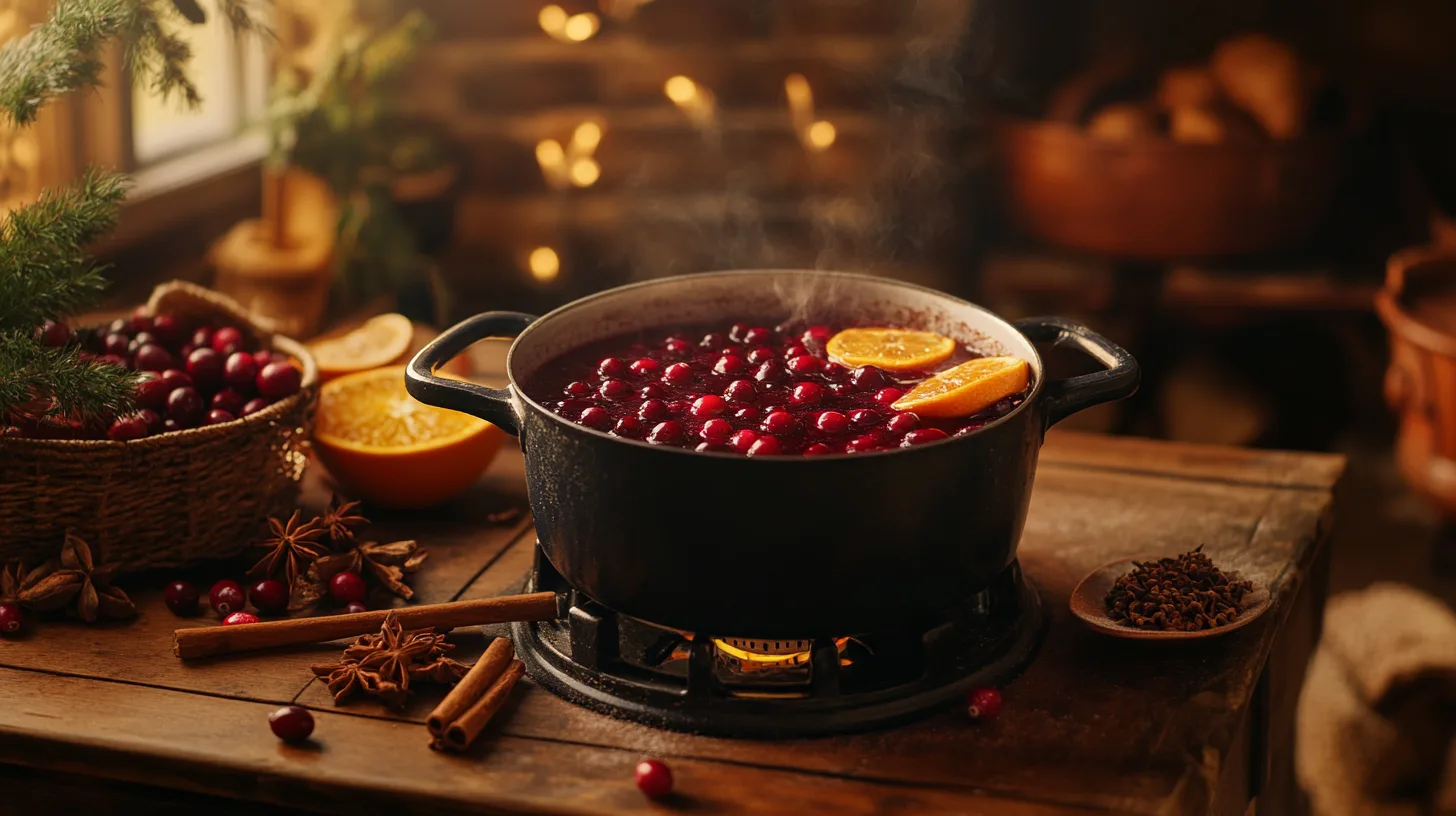 Spiced Cranberry Punch in a rustic winter kitchen with spices