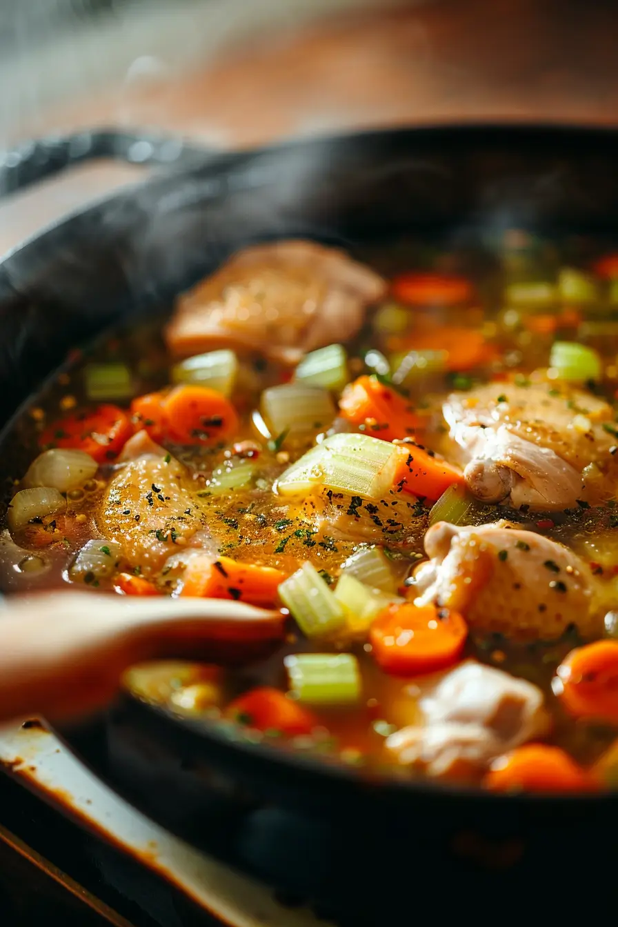 Chicken and vegetables sautéing in a soup pot