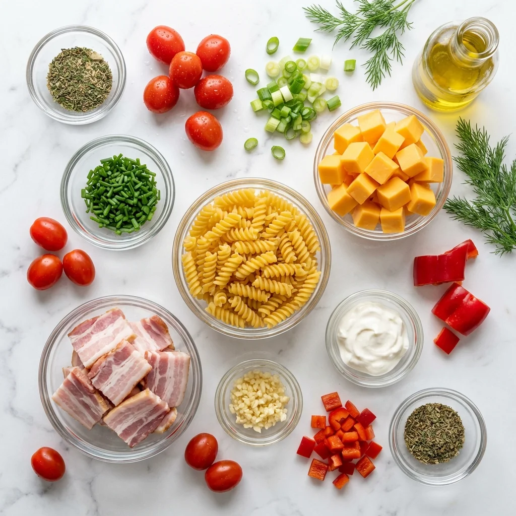 creamy bacon cheddar ranch pasta salad recipe ingredients