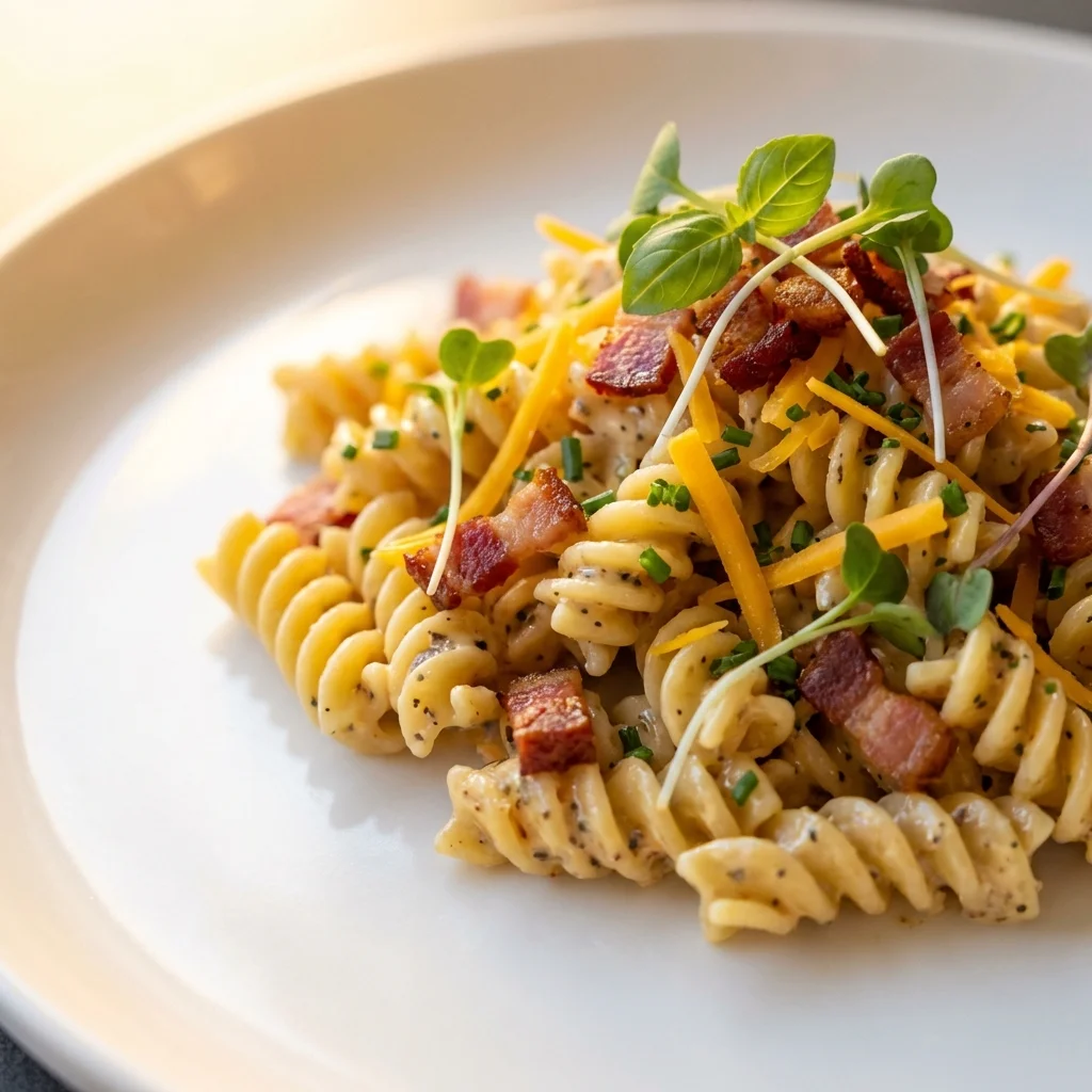 creamy bacon cheddar ranch pasta salad recipe served