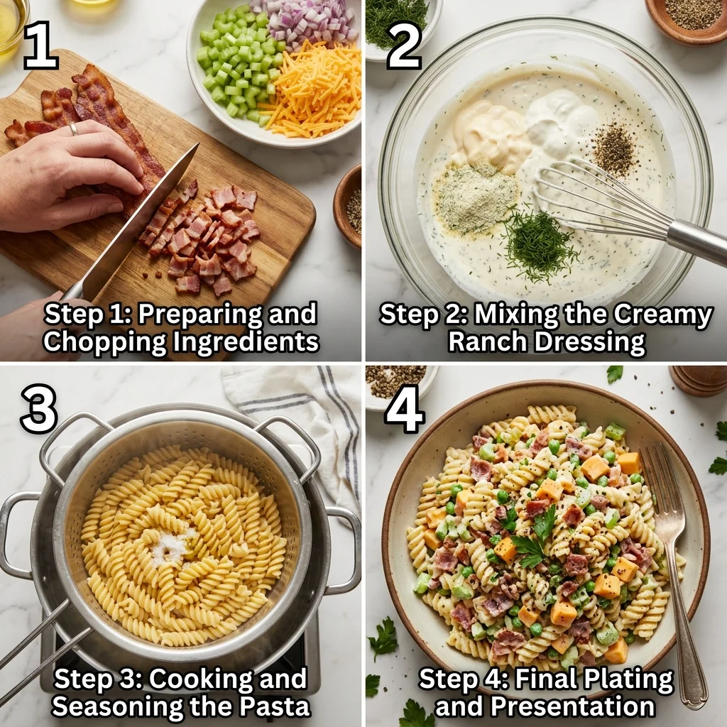 creamy bacon cheddar ranch pasta salad recipe step by step