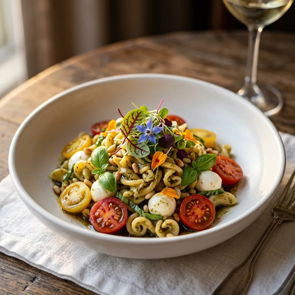 easy Caprese pasta salad served
