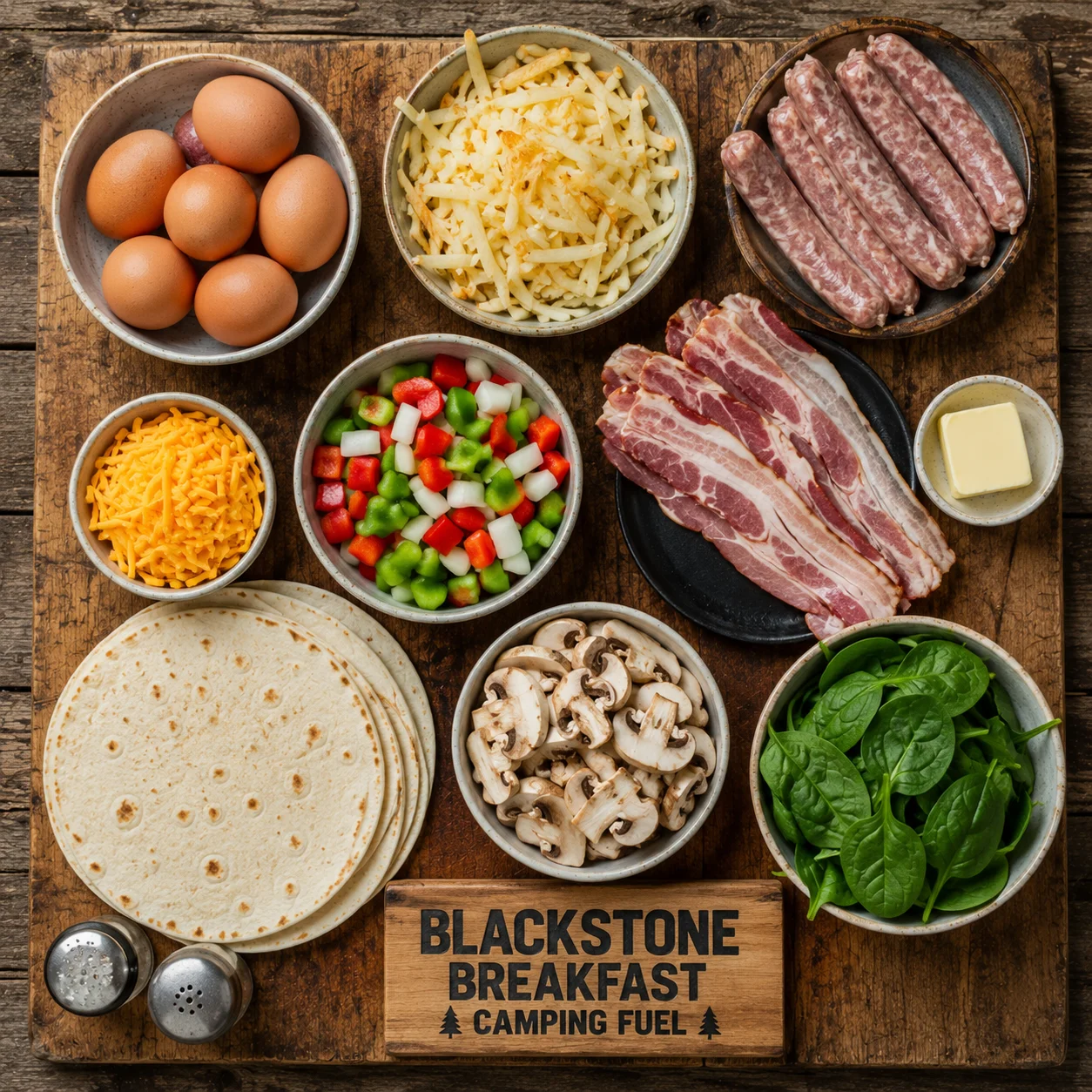 blackstone breakfast for camping ingredients laid out on a picnic table