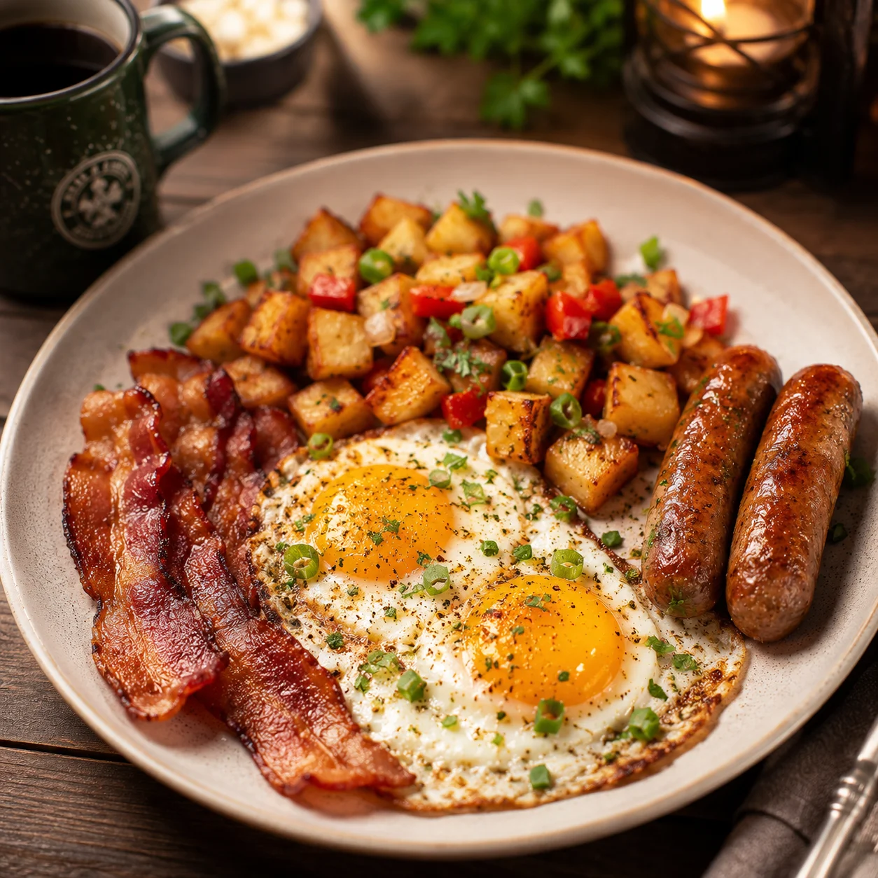 blackstone breakfast for camping served on plates at a campsite